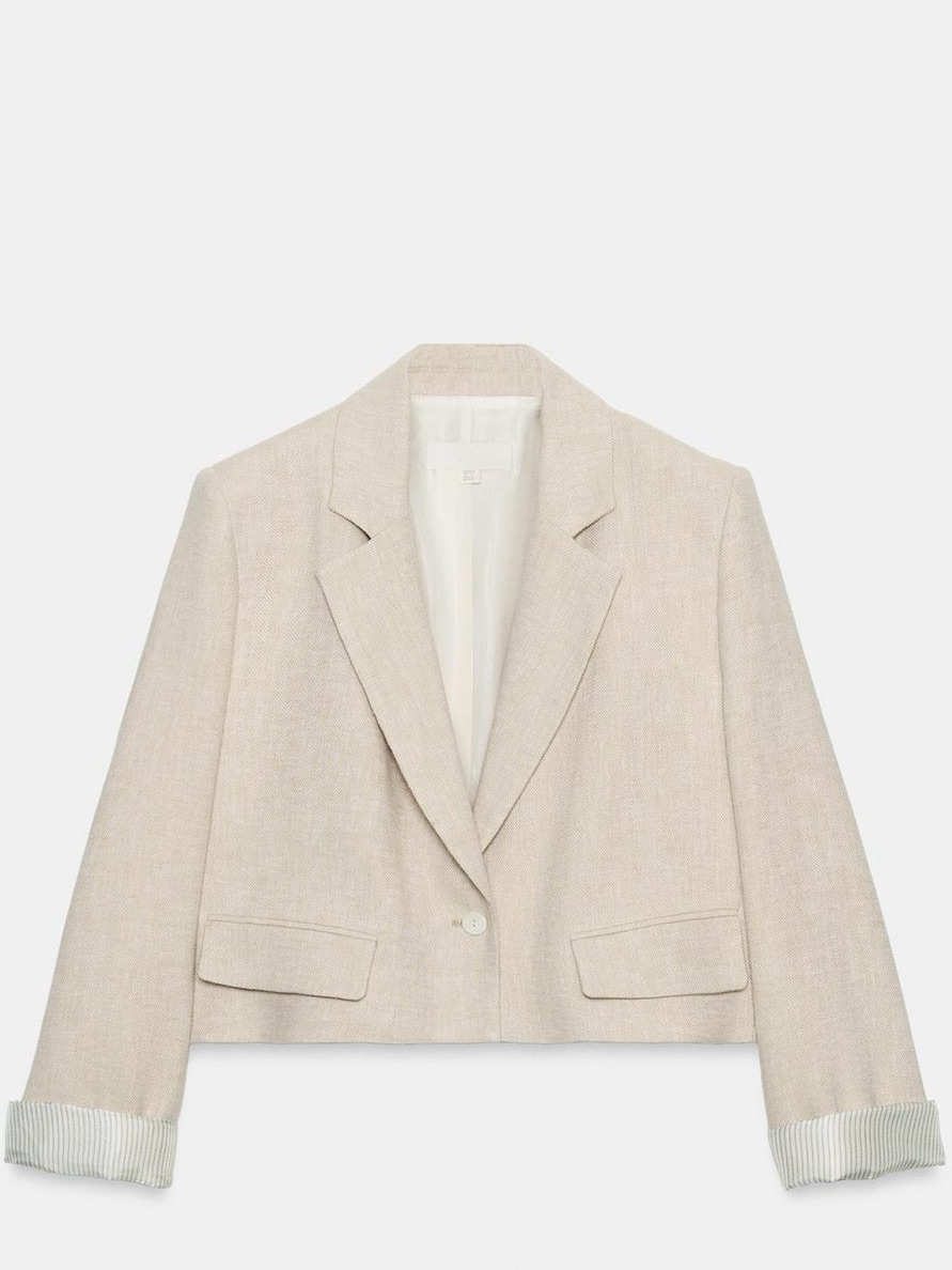 Zara Cropped Linen Blazer With Shoulder Pads